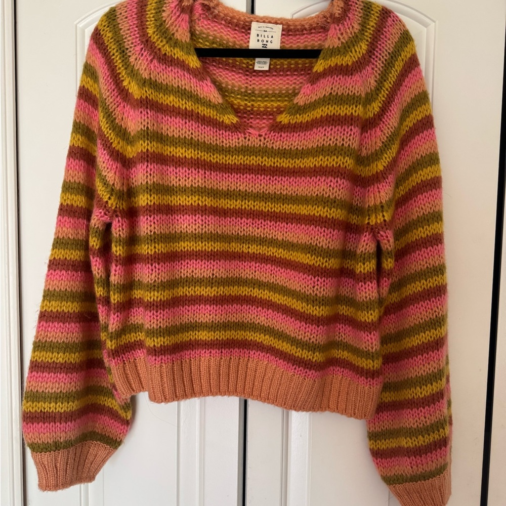 Billabong V neck Striped Pink and Green Sweater medium